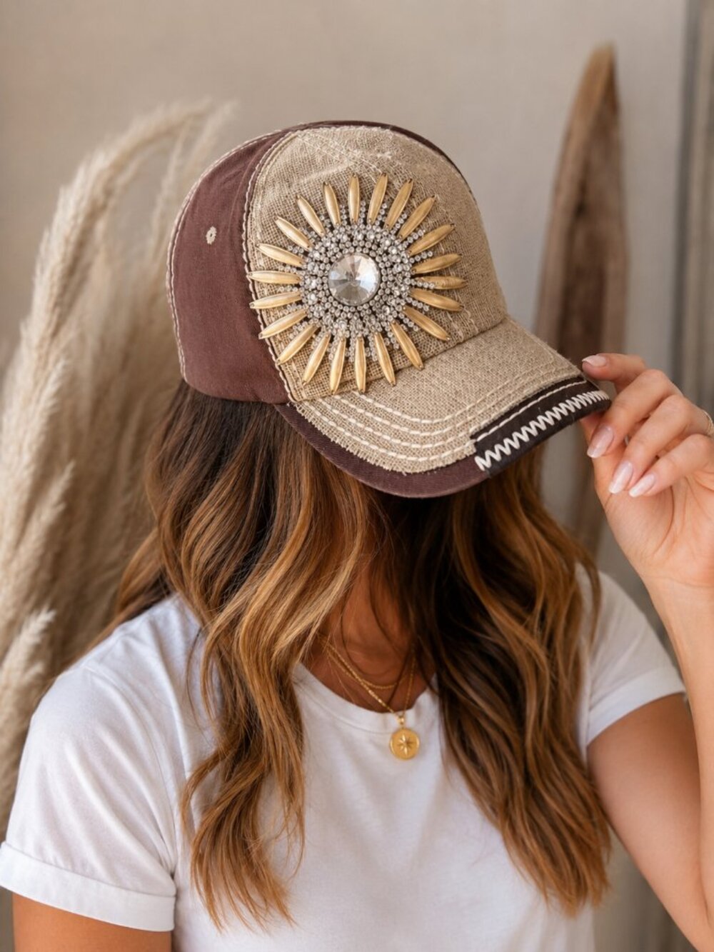 Olive & Pique Sunburst Rhinestone Baseball Cap Brown Tan Adjustable Hat